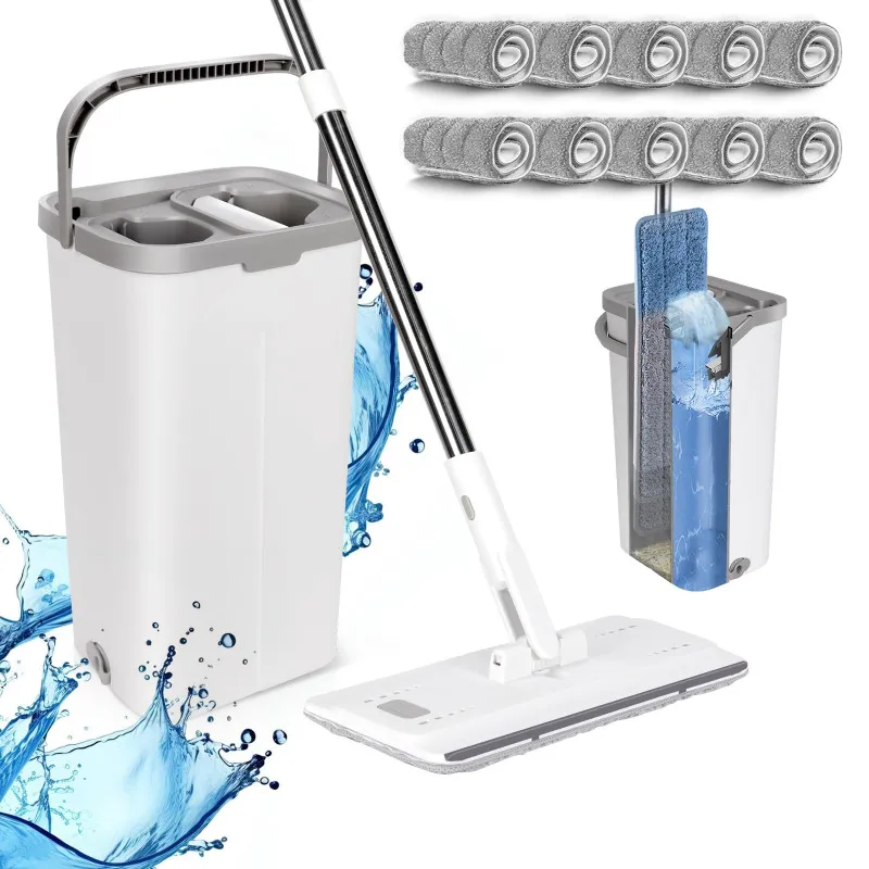 MASTERTOP Mop Set with Bucket, Flat Floor Mop with 140cm Adjustable Handle and 10 Microfiber Mop Pads, 2 in 1 Cleaning Bucket an