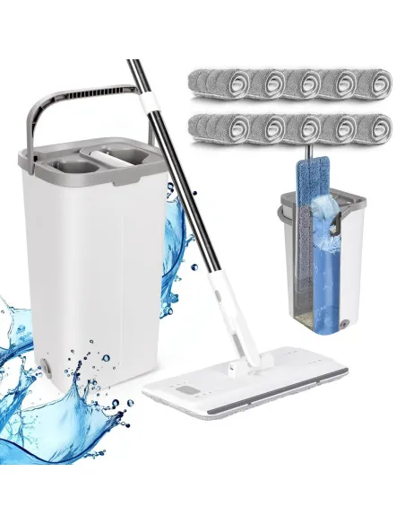 MASTERTOP Mop Set with Bucket, Flat Floor Mop with 140cm Adjustable Handle and 10 Microfiber Mop Pads, 2 in 1 Cleaning Bucket an
