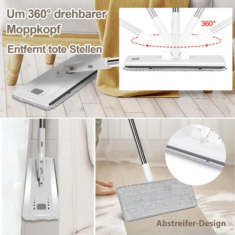 MASTERTOP Mop Set with Bucket, Flat Floor Mop with 140cm Adjustable Handle and 10 Microfiber Mop Pads, 2 in 1 Cleaning Bucket an