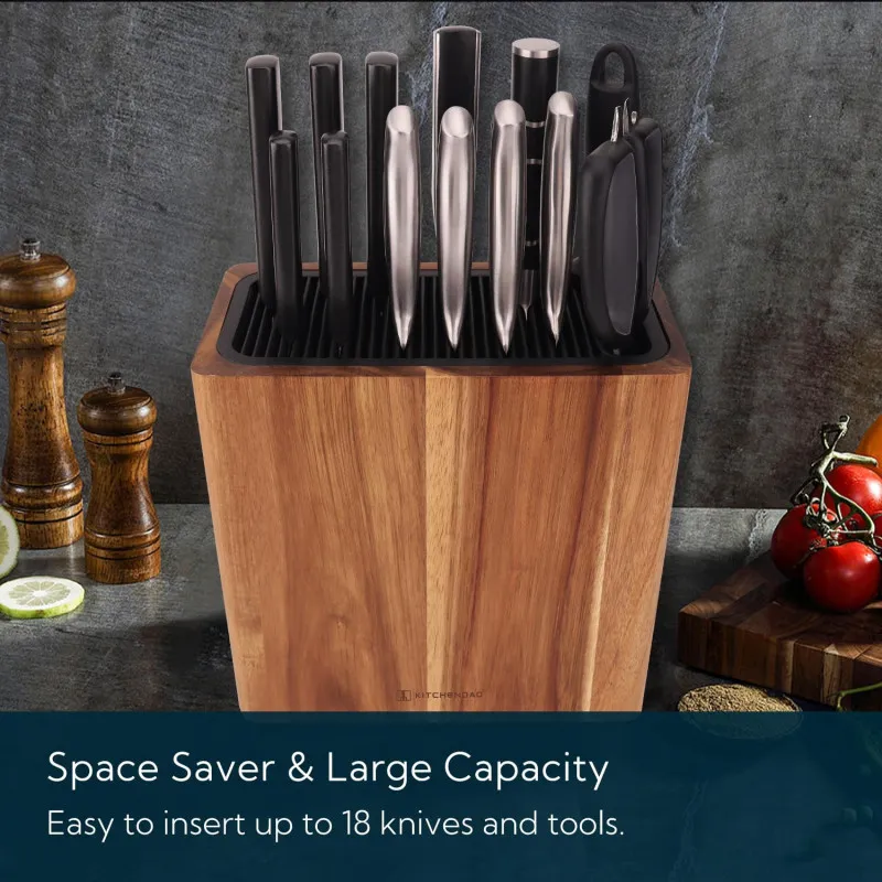 KITCHENDAO XL Acacia Wood Universal Knife Block Holder for Scissors and Sharpening Rod - Knife Holder for Safe, Space-Saving Kni
