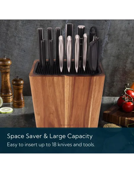 KITCHENDAO XL Acacia Wood Universal Knife Block Holder for Scissors and Sharpening Rod - Knife Holder for Safe, Space-Saving Kni
