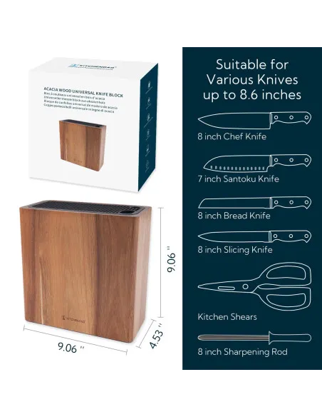 KITCHENDAO XL Acacia Wood Universal Knife Block Holder for Scissors and Sharpening Rod - Knife Holder for Safe, Space-Saving Kni