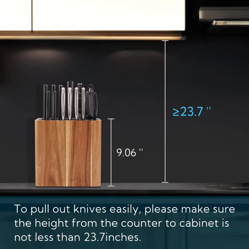 KITCHENDAO XL Acacia Wood Universal Knife Block Holder for Scissors and Sharpening Rod - Knife Holder for Safe, Space-Saving Kni