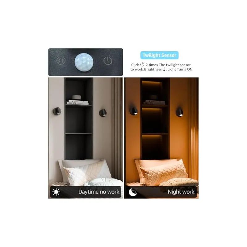 K-Bright Set 2 Aplice LED cu Baterie, Senzor de Amurg și Comutator Tactil – Reglabile, pentru Interior