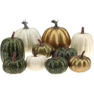 Set 10 Dovleci Artificiali din Spumă – Decorațiuni de Masă Toamnă Verde/Auriu/Alb