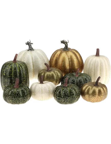 Set 10 Dovleci Artificiali din Spumă – Decorațiuni de Masă Toamnă Verde/Auriu/Alb