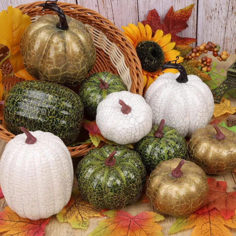 Set 10 Dovleci Artificiali din Spumă – Decorațiuni de Masă Toamnă Verde/Auriu/Alb