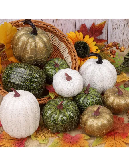 Set 10 Dovleci Artificiali din Spumă – Decorațiuni de Masă Toamnă Verde/Auriu/Alb