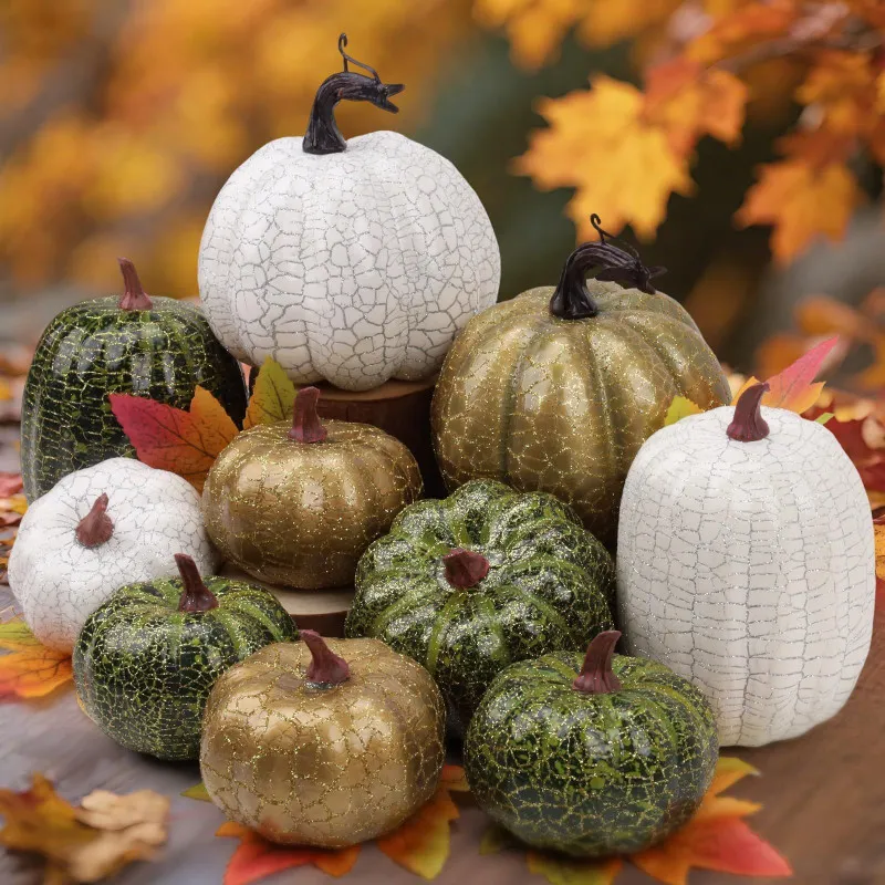 Set 10 Dovleci Artificiali din Spumă – Decorațiuni de Masă Toamnă Verde/Auriu/Alb