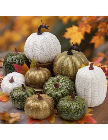 Set 10 Dovleci Artificiali din Spumă – Decorațiuni de Masă Toamnă Verde/Auriu/Alb