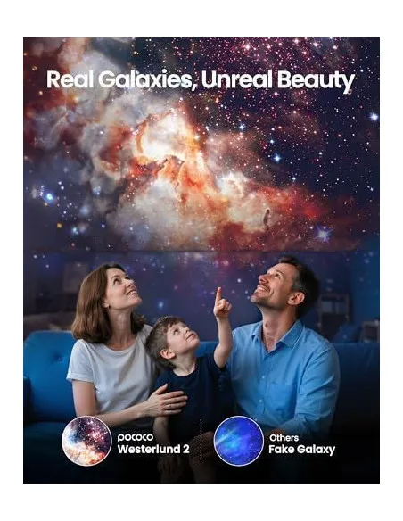 POCOCO Proiector Galaxie și Stele - Lumină de Noapte pentru Dormitor, Planetariu Acasă cu 2 Discuri, Negru