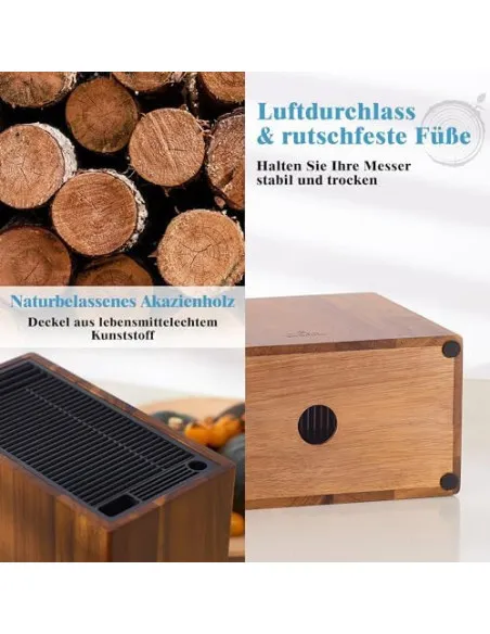 ENOKING Suport Universal pentru Cuțite din Lemn de Salcâm, cu Capac din Plastic, până la 24 Cuțite