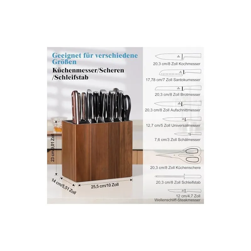 ENOKING Suport Universal pentru Cuțite din Lemn de Salcâm, cu Capac din Plastic, până la 24 Cuțite