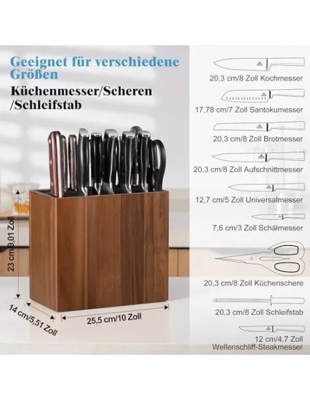 ENOKING Suport Universal pentru Cuțite din Lemn de Salcâm, cu Capac din Plastic, până la 24 Cuțite