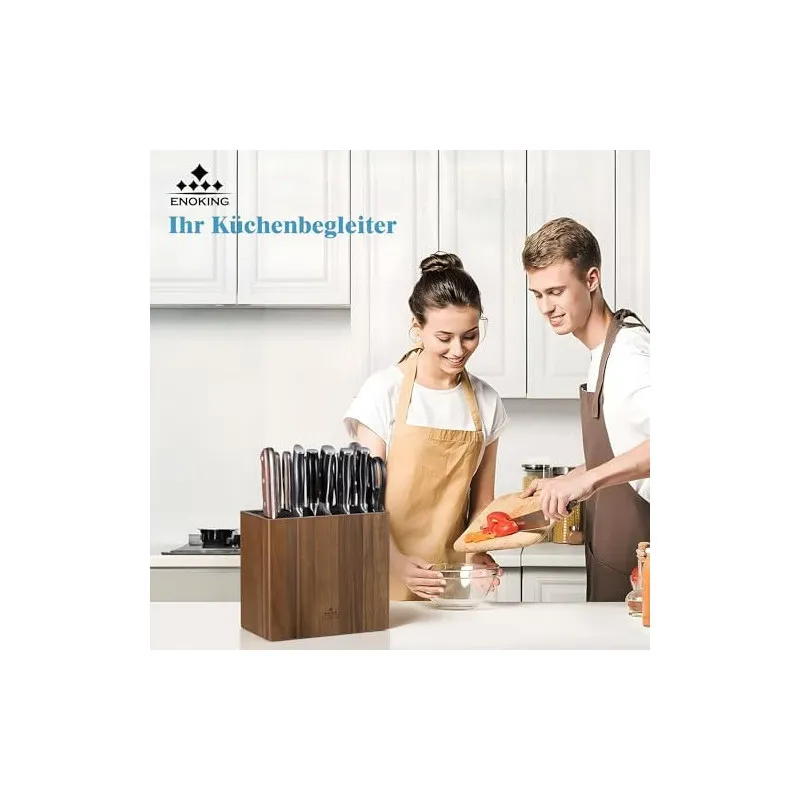 ENOKING Suport Universal pentru Cuțite din Lemn de Salcâm, cu Capac din Plastic, până la 24 Cuțite