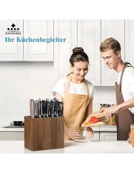 ENOKING Suport Universal pentru Cuțite din Lemn de Salcâm, cu Capac din Plastic, până la 24 Cuțite