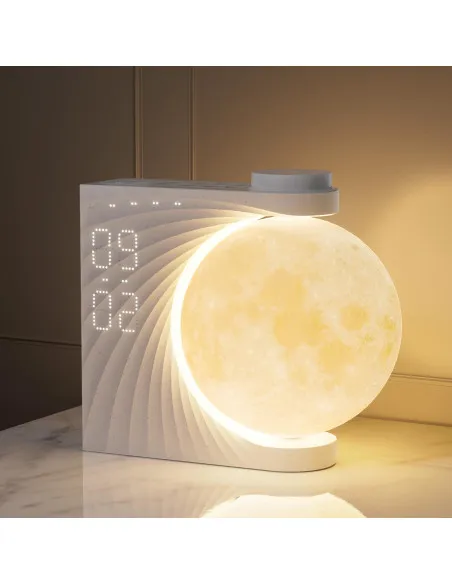 Lampă Lună cu Ceas Deșteptător, 2 Alarme, Iluminare RGB 8 Culori – Alb