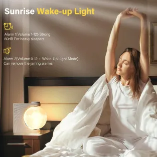 Lampă Lună cu Ceas Deșteptător, 2 Alarme, Iluminare RGB 8 Culori – Alb 2