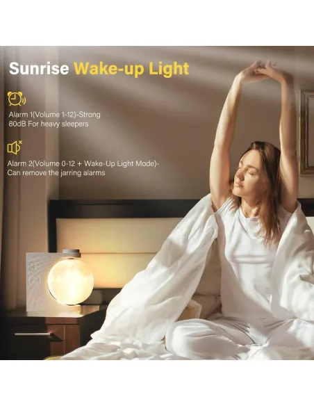 Ceas desteptator cu simulare a rasaritului, 2 alarme, 8 culori de atmosfera, 3 niveluri de luminozitate, lampa de noapte