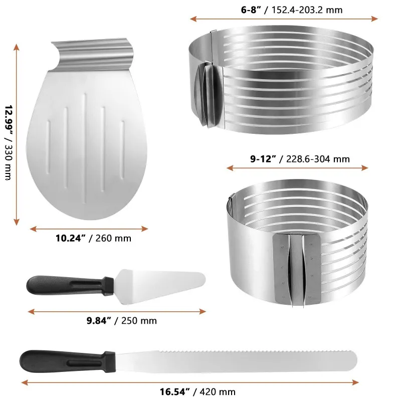 Set 5 Piese pentru Tăierea Tortului cu 2 Inele Ajustabile cu spatule si cutit – Accesoriu Patiserie