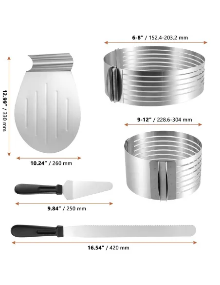 Set 5 Piese pentru Tăierea Tortului cu 2 Inele Ajustabile cu spatule si cutit – Accesoriu Patiserie