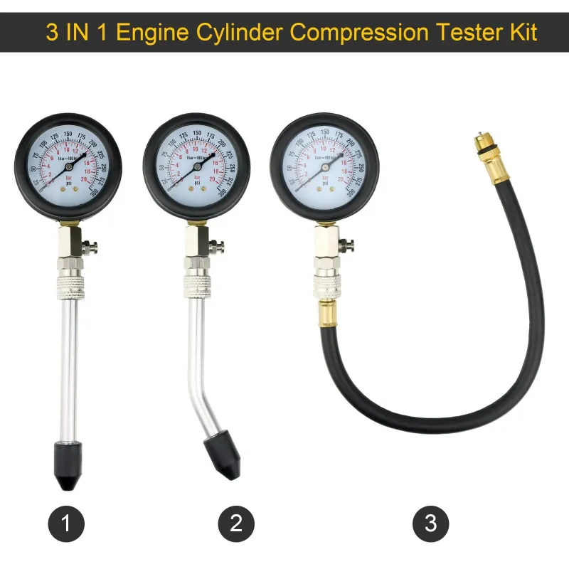 Kit Tester de Compresie Motoare pe Benzină și Diesel – Manometru Presiune Ulei 0-20 bar, 8 piese