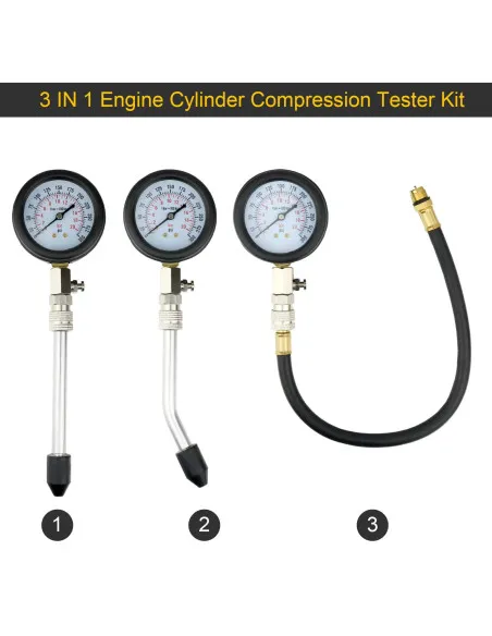 Kit Tester de Compresie Motoare pe Benzină și Diesel – Manometru Presiune Ulei 0-20 bar, 8 piese