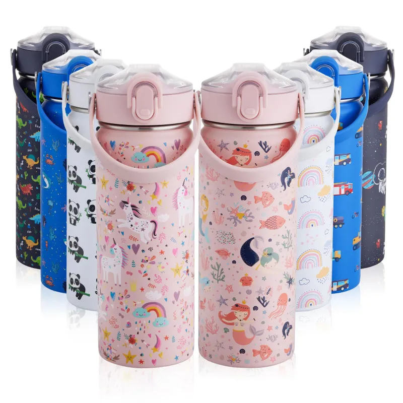 Sticlă de Băut pentru Copii din Oțel Inoxidabil cu Pai și Mâner, Fără BPA – 550ml