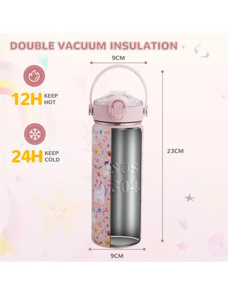 Sticla pentru copii din otel inoxidabil cu pai si maner fara BPA- 550 ml, model roz cu unicorn