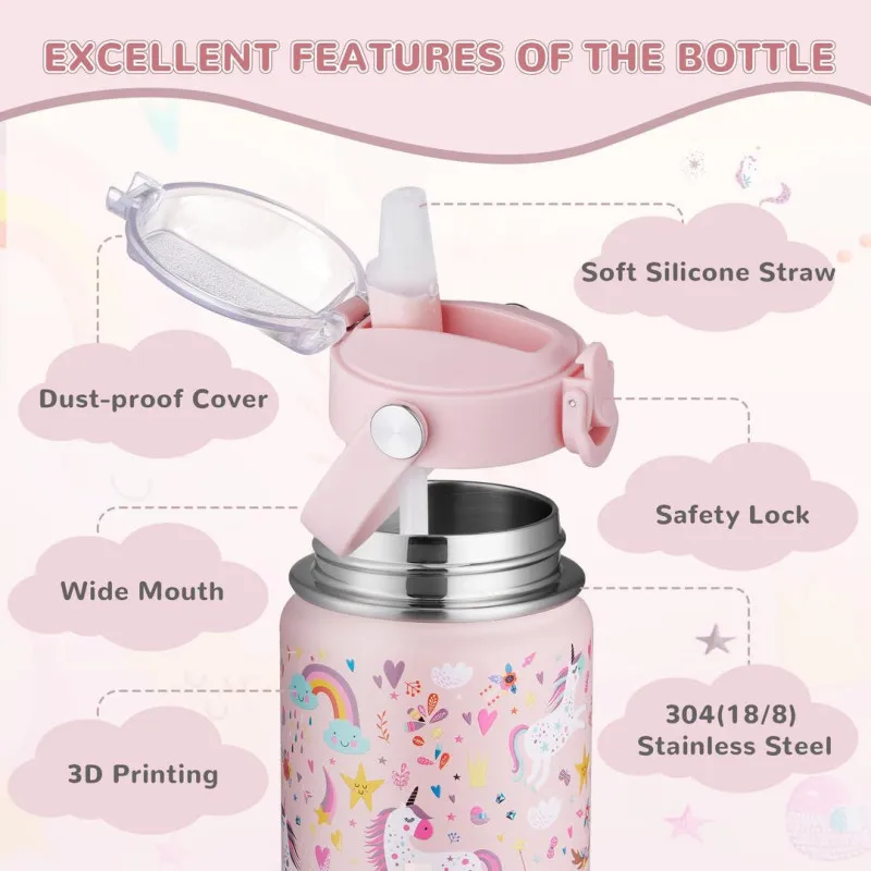 Sticla pentru copii din otel inoxidabil cu pai si maner fara BPA- 550 ml, model roz cu unicorn