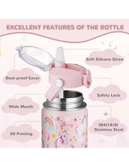 Sticla pentru copii din otel inoxidabil cu pai si maner fara BPA- 550 ml, model roz cu unicorn