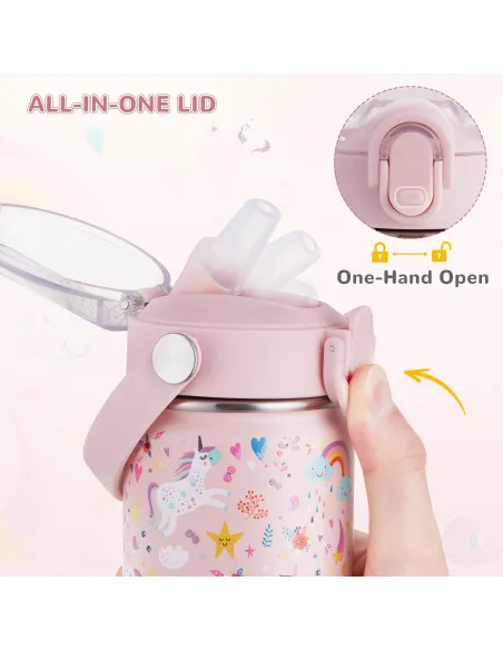 Sticla pentru copii din otel inoxidabil cu pai si maner fara BPA- 550 ml, model roz cu unicorn