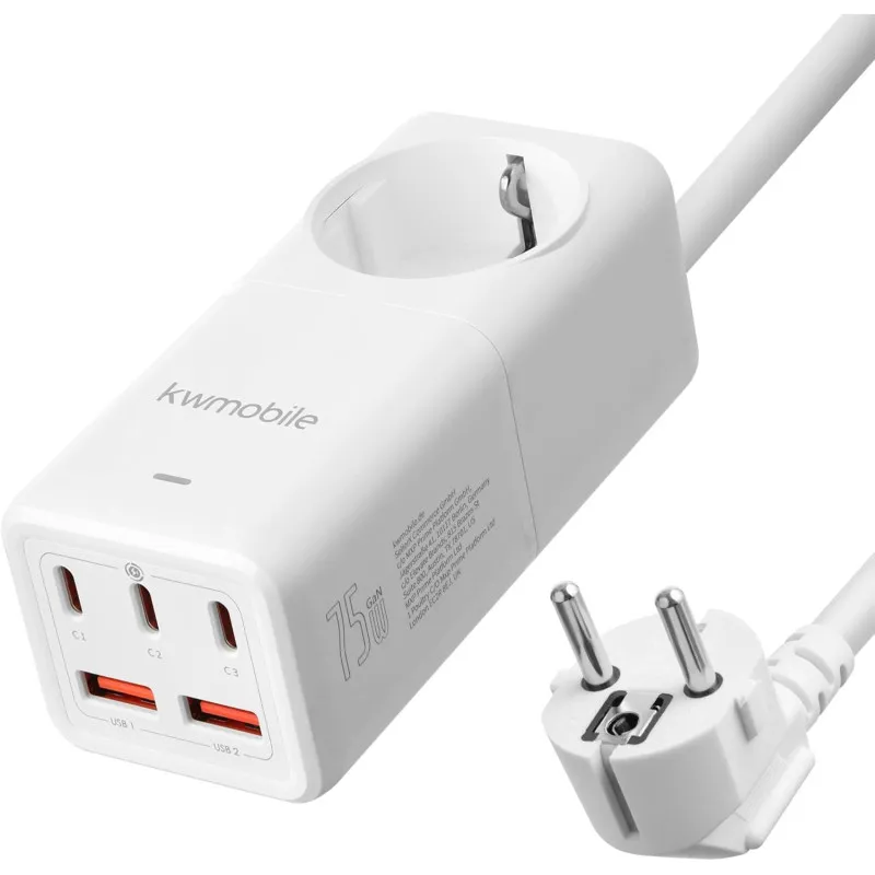 Prelungitor Electric cu Porturi USB-A și USB-C, Încărcare Rapidă, Cablu 1,5m, Alb
