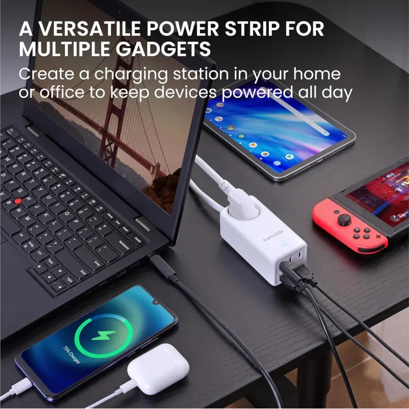 Prelungitor Electric cu Porturi USB-A și USB-C, Încărcare Rapidă, Cablu 1,5m, Alb