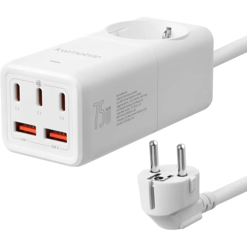 Prelungitor Electric cu Porturi USB-A și USB-C, Încărcare Rapidă, Cablu 1,5m, Alb