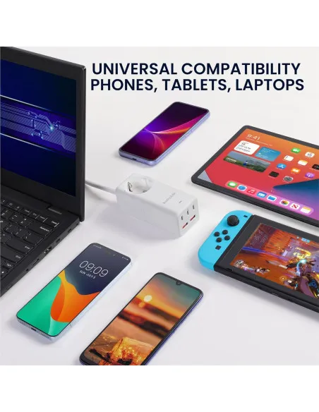 Prelungitor Electric cu Porturi USB-A și USB-C, Încărcare Rapidă, Cablu 1,5m, Alb