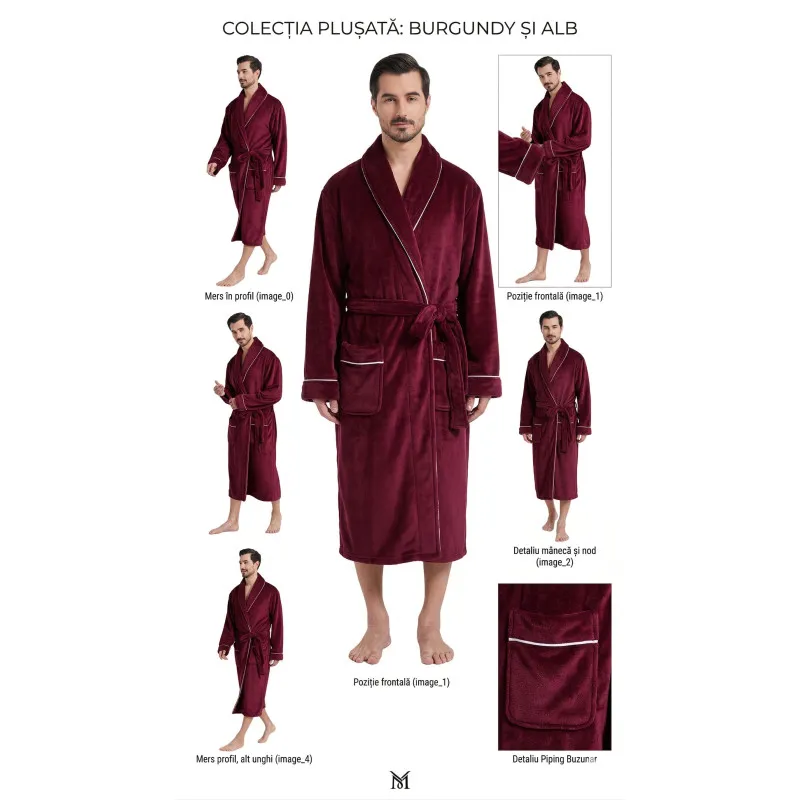 Halat de Baie Bărbătesc din Fleece cu Guler Șal, visiniu