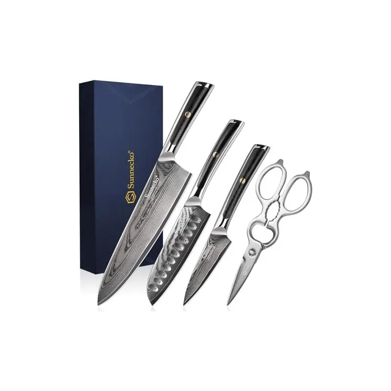 Sunnecko – Set 4 Cuțite de Bucătărie Damascus cu Foarfece și Cutie Cadou, Oțel VG-10, Mâner Full-Tang