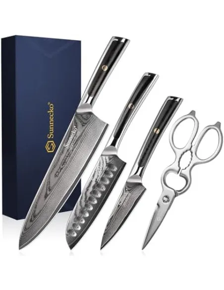 Sunnecko – Set 4 Cuțite de Bucătărie Damascus cu Foarfece și Cutie Cadou, Oțel VG-10, Mâner Full-Tang