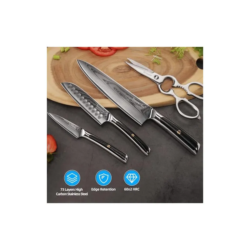 Sunnecko – Set 4 Cuțite de Bucătărie Damascus cu Foarfece și Cutie Cadou, Oțel VG-10, Mâner Full-Tang