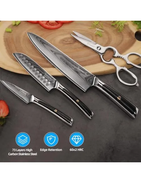 Sunnecko – Set 4 Cuțite de Bucătărie Damascus cu Foarfece și Cutie Cadou, Oțel VG-10, Mâner Full-Tang