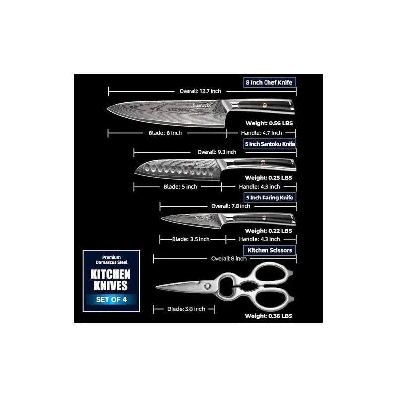 Sunnecko – Set 4 Cuțite de Bucătărie Damascus cu Foarfece și Cutie Cadou, Oțel VG-10, Mâner Full-Tang