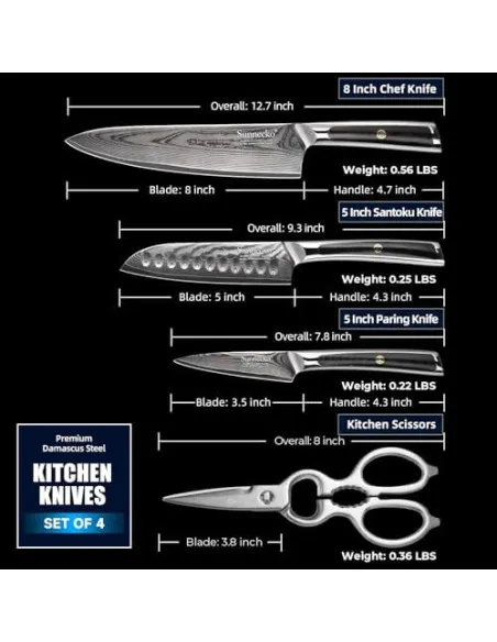 Sunnecko – Set 4 Cuțite de Bucătărie Damascus cu Foarfece și Cutie Cadou, Oțel VG-10, Mâner Full-Tang