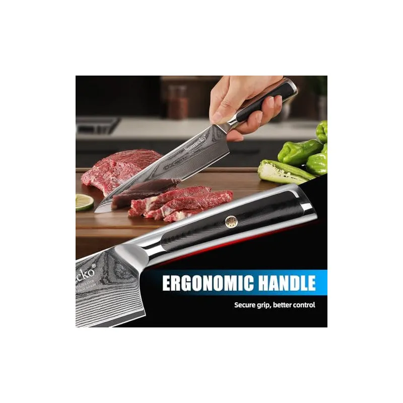 Sunnecko – Set 4 Cuțite de Bucătărie Damascus cu Foarfece și Cutie Cadou, Oțel VG-10, Mâner Full-Tang