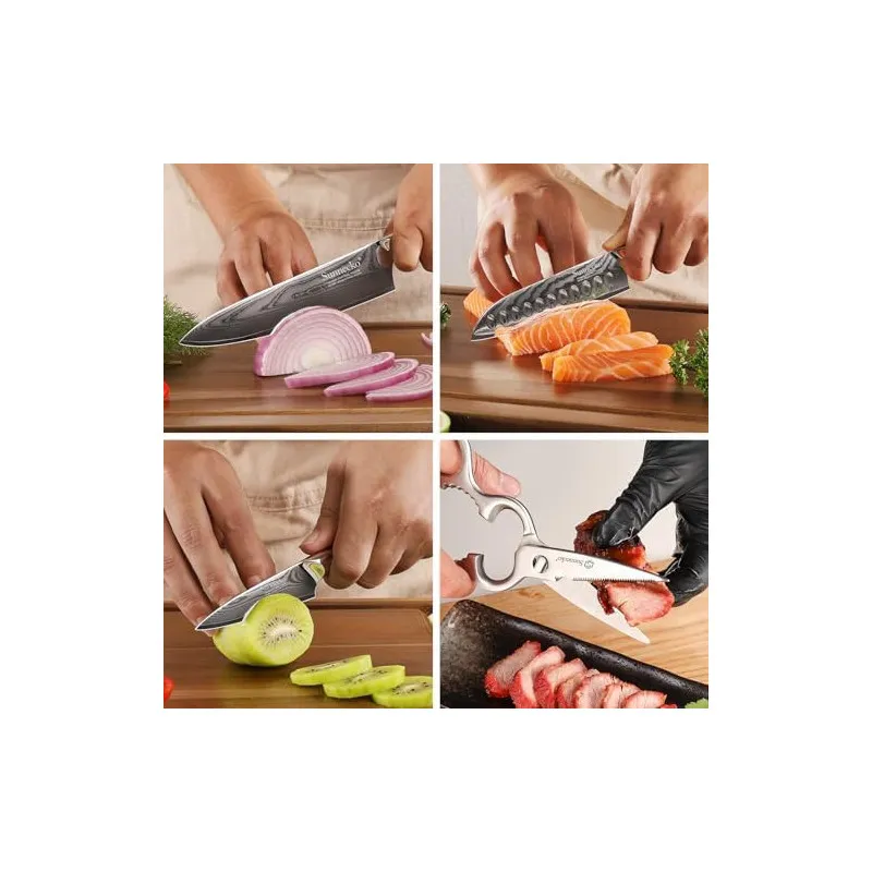 Sunnecko – Set 4 Cuțite de Bucătărie Damascus cu Foarfece și Cutie Cadou, Oțel VG-10, Mâner Full-Tang