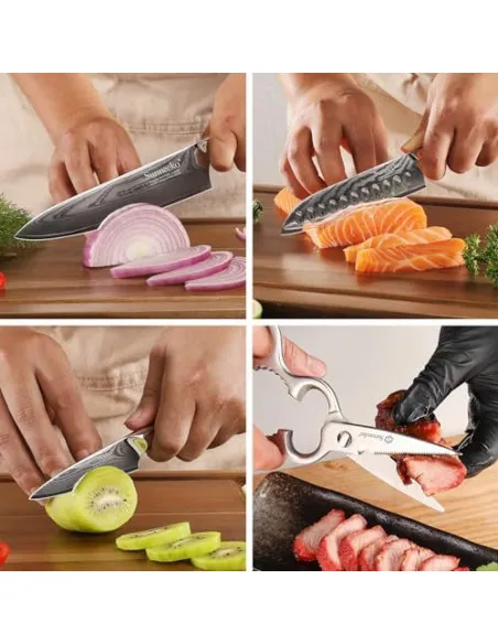 Sunnecko – Set 4 Cuțite de Bucătărie Damascus cu Foarfece și Cutie Cadou, Oțel VG-10, Mâner Full-Tang