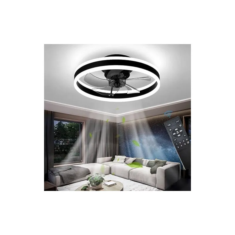 Ventilator de Tavan LED OMGPFR cu Lumină Dimmabilă, Telecomandă, 6 Viteze, Reversibil, 24W, Negru, 50 cm
