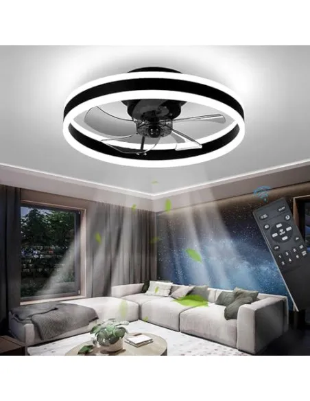 Ventilator de Tavan LED OMGPFR cu Lumină Dimmabilă, Telecomandă, 6 Viteze, Reversibil, 24W, Negru, 50 cm