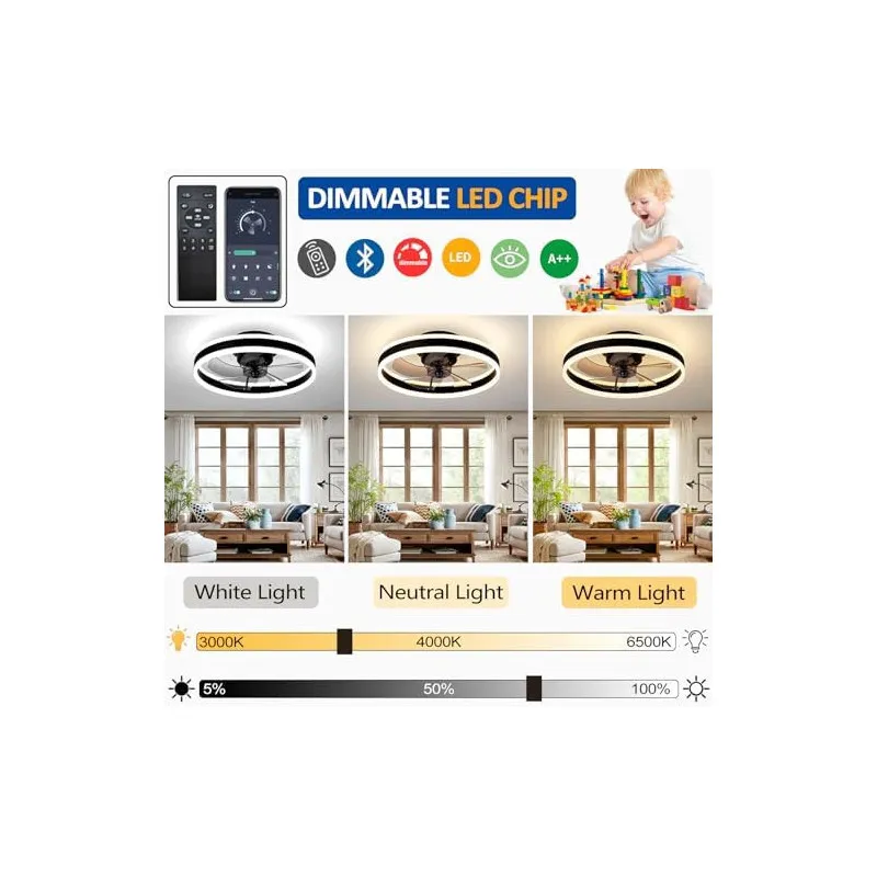 Ventilator de Tavan LED OMGPFR cu Lumină Dimmabilă, Telecomandă, 6 Viteze, Reversibil, 24W, Negru, 50 cm