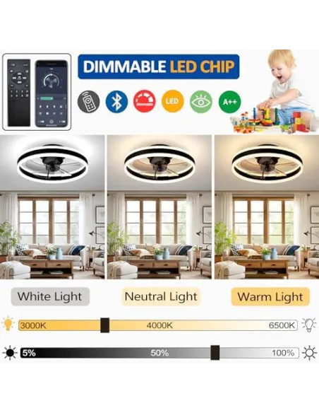 Ventilator de Tavan LED OMGPFR cu Lumină Dimmabilă, Telecomandă, 6 Viteze, Reversibil, 24W, Negru, 50 cm